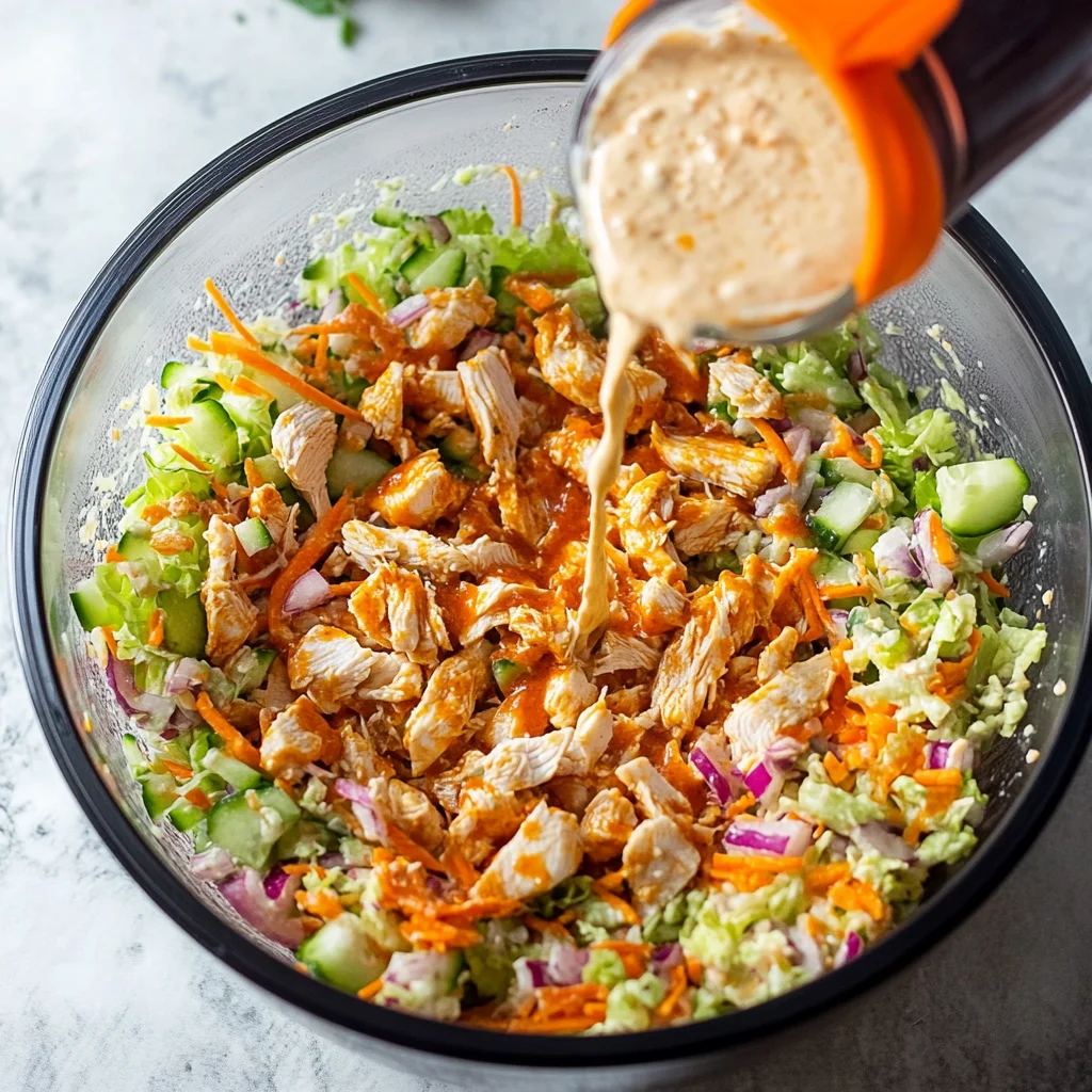 Buffalo Chicken Salad Recipe: A Perfect Blend of Flavor and Freshness 8 Grilled chicken being tossed in spicy buffalo sauce for buffalo chicken salad.