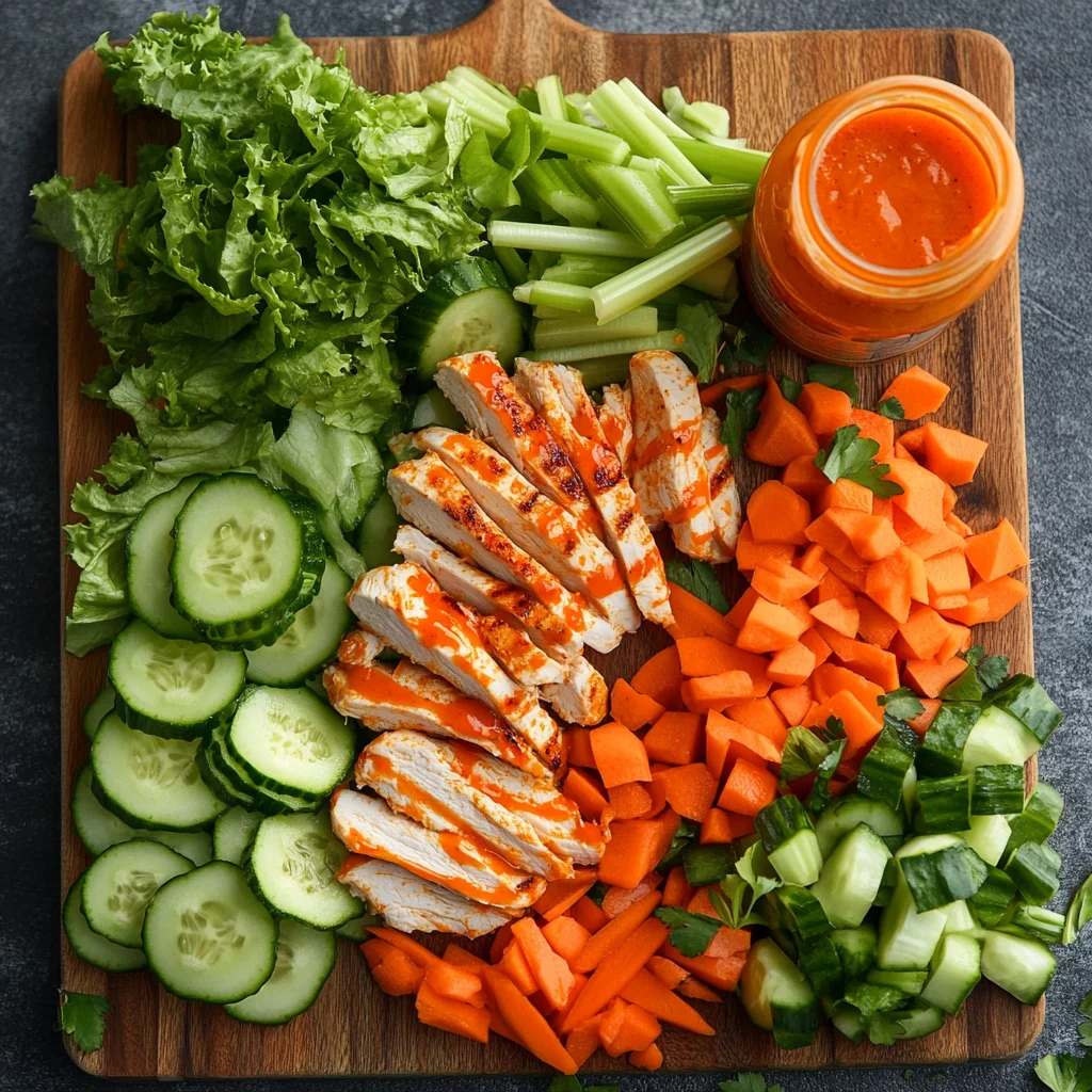 Buffalo Chicken Salad Recipe: A Perfect Blend of Flavor and Freshness 7 Ingredients for buffalo chicken salad laid out on a cutting board: grilled chicken, celery, carrots, cucumbers, romaine lettuce, and buffalo sauce.