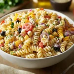 Olive Garden Pasta Salad Recipe: Fresh, Flavorful, and Easy to Make 6 A close-up of fusilli pasta salad with cucumbers, tomatoes, olives, and bell peppers, topped with fresh herbs.
