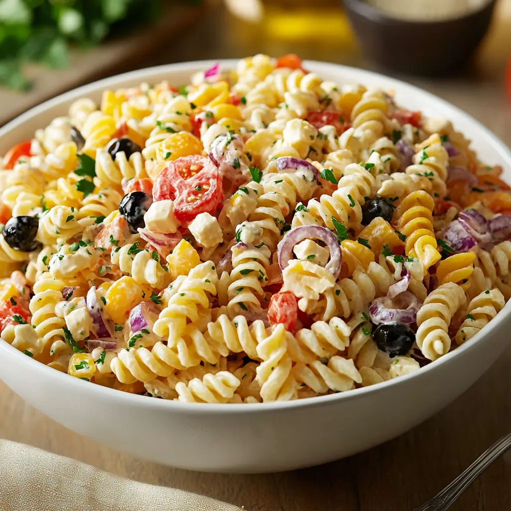 Olive Garden Pasta Salad Recipe: Fresh, Flavorful, and Easy to Make 8 A close-up of fusilli pasta salad with cucumbers, tomatoes, olives, and bell peppers, topped with fresh herbs.