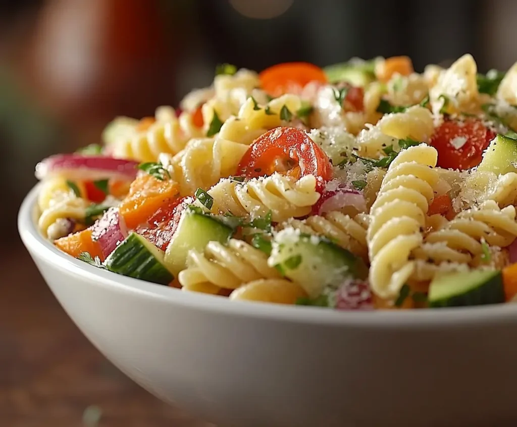 Olive Garden Pasta Salad Recipe: Fresh, Flavorful, and Easy to Make 5 A vibrant bowl of Olive Garden Pasta Salad with fusilli pasta, tomatoes, olives, red onion, and herbs, perfect for a healthy meal.