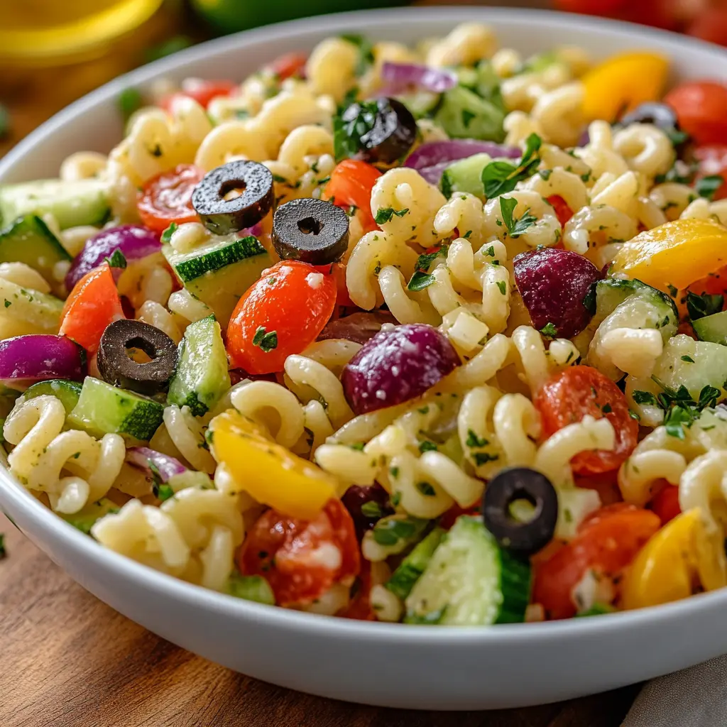 Olive Garden Pasta Salad Recipe: Fresh, Flavorful, and Easy to Make 7 A close-up shot of a bowl of pasta salad with fresh cucumbers, tomatoes, and bell peppers, garnished with herbs and parmesan.