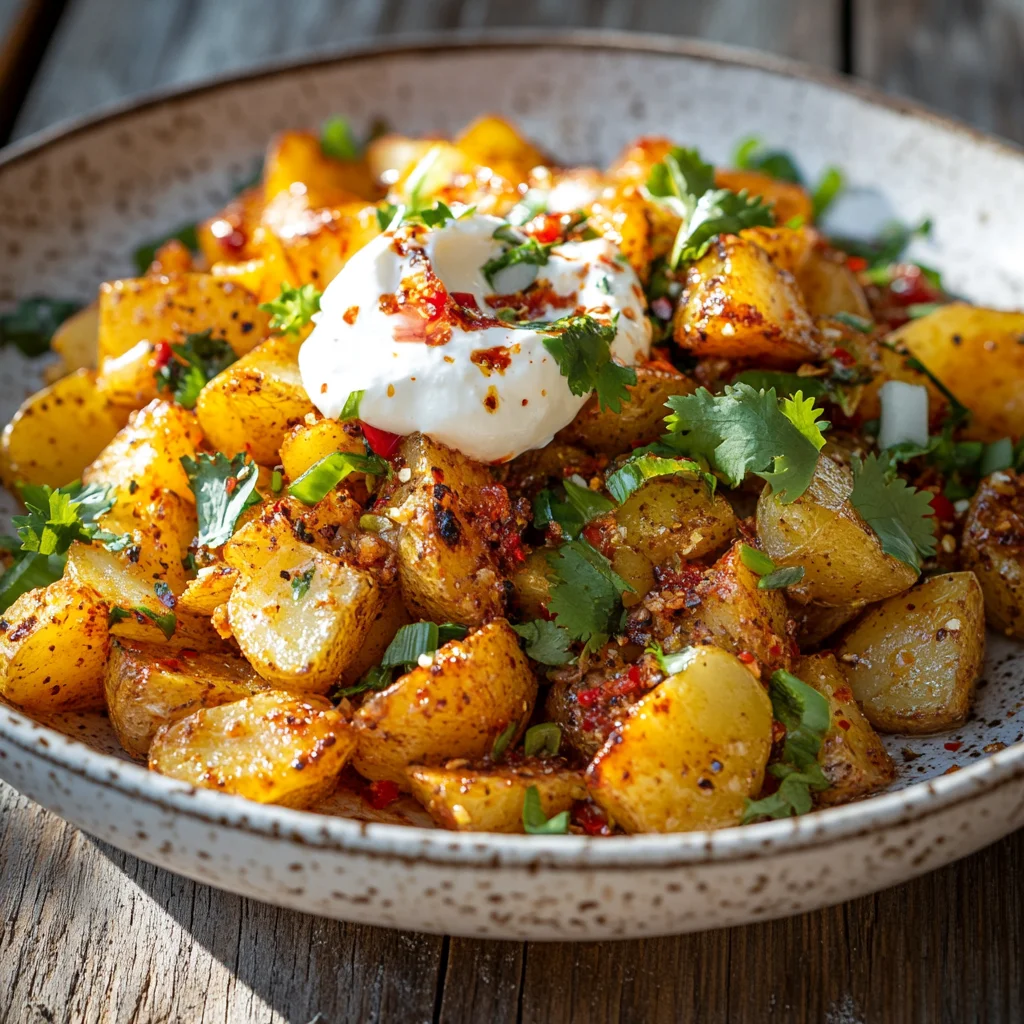 Chili Crisp Potato Salad: A Bold Twist on a Classic Favorite 4 Chili Crisp Potato Salad with crispy roasted potatoes, chili oil drizzle, and fresh herbs on a rustic ceramic plate.