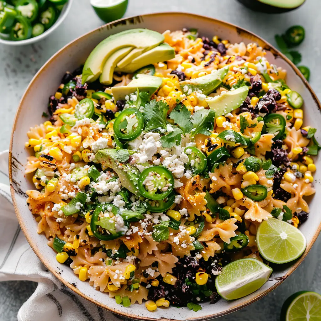 The Origins and Inspiration of Creamy Mexican Street Corn Pasta Salad 4 Creamy Mexican street corn pasta salad with corn, avocado, and cotija cheese