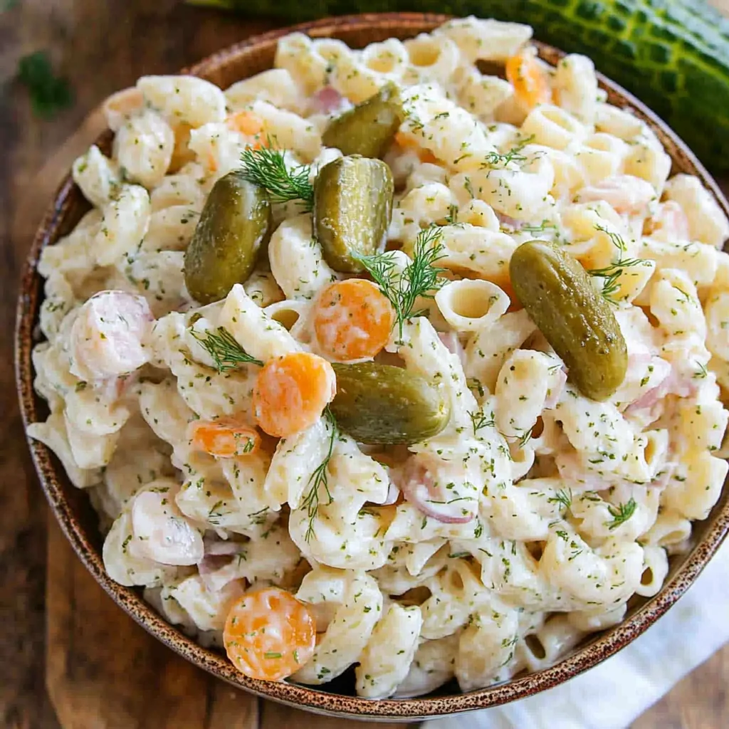 Dill Pickle Pasta Salad Recipe – A Refreshing Summer Side Dish 5 Dill pickle pasta salad with medium shell pasta, sliced dill pickles, cheddar cheese, and fresh dill in a creamy dressing.