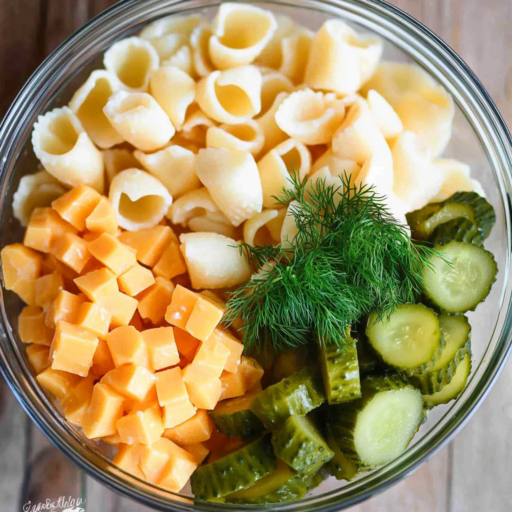 Dill Pickle Pasta Salad Recipe – A Refreshing Summer Side Dish 7 Ingredients for dill pickle pasta salad, including medium shells, dill pickles, sharp cheddar cheese, and mayonnaise.