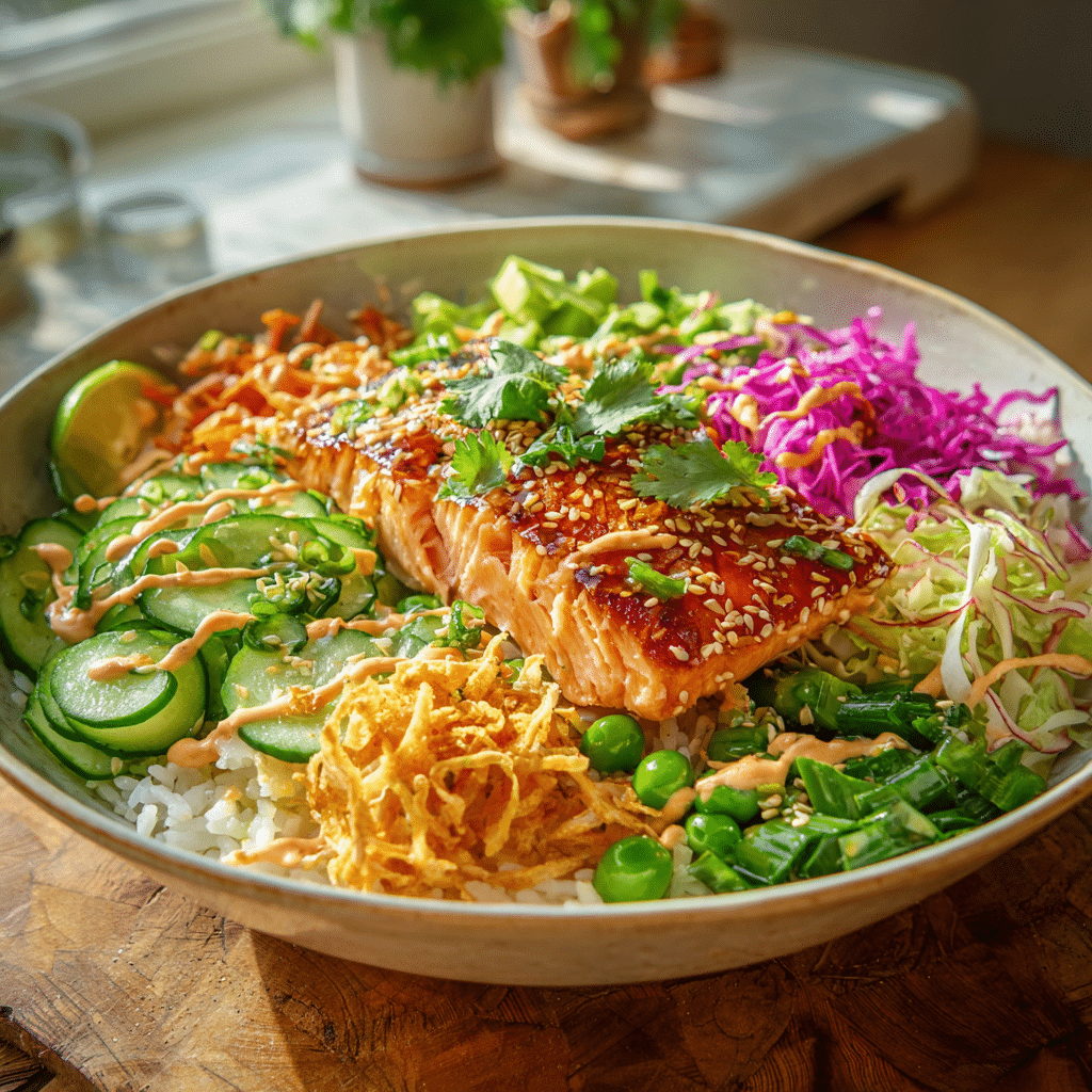 Delicious Fishbowl Salmon Salad Recipe – Healthy & Flavorful 4 Fishbowl Salmon Salad with miso-glazed salmon, fresh veggies, and spicy toppings.