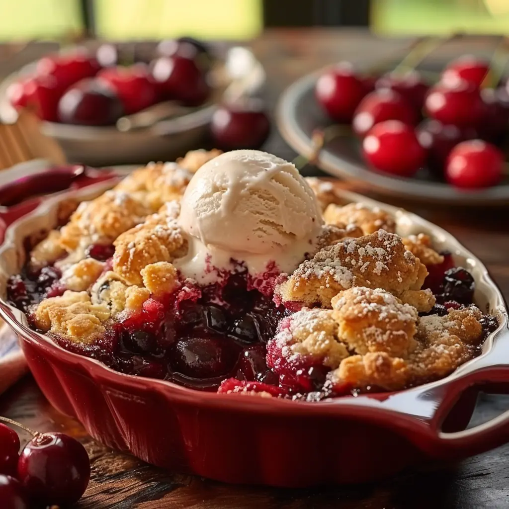Fresh Cherry Cobbler Recipe - Easy, Delicious, and Healthy 4 Freshly baked cherry cobbler served with vanilla ice cream.