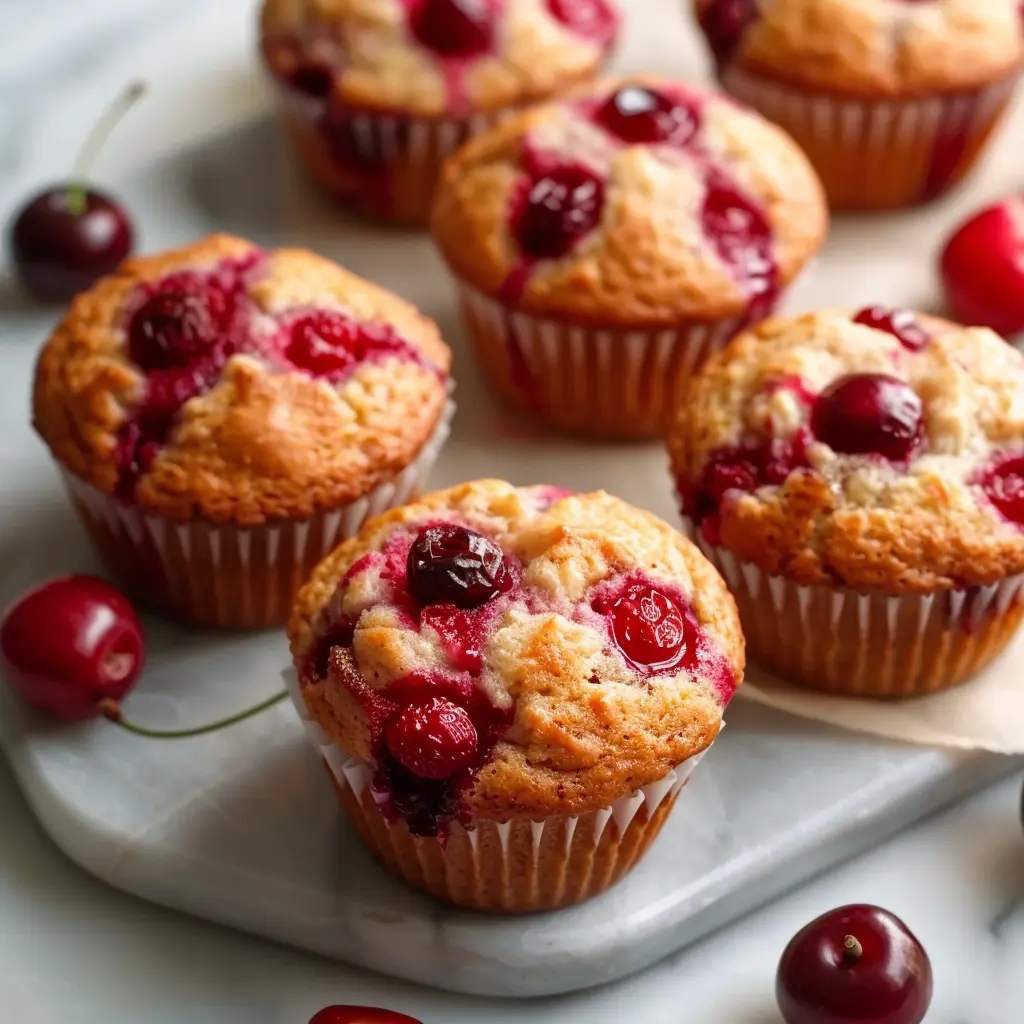 Fresh Cherry Muffins That Stay Moist and Juicy Every Time 4 Fresh cherry muffins on wooden counter