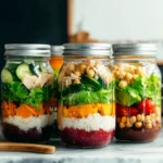 Easy Mason Jar Salads for Fresh, Healthy Meals on the Go 4 vegetarian and chicken mason jar salads side by side