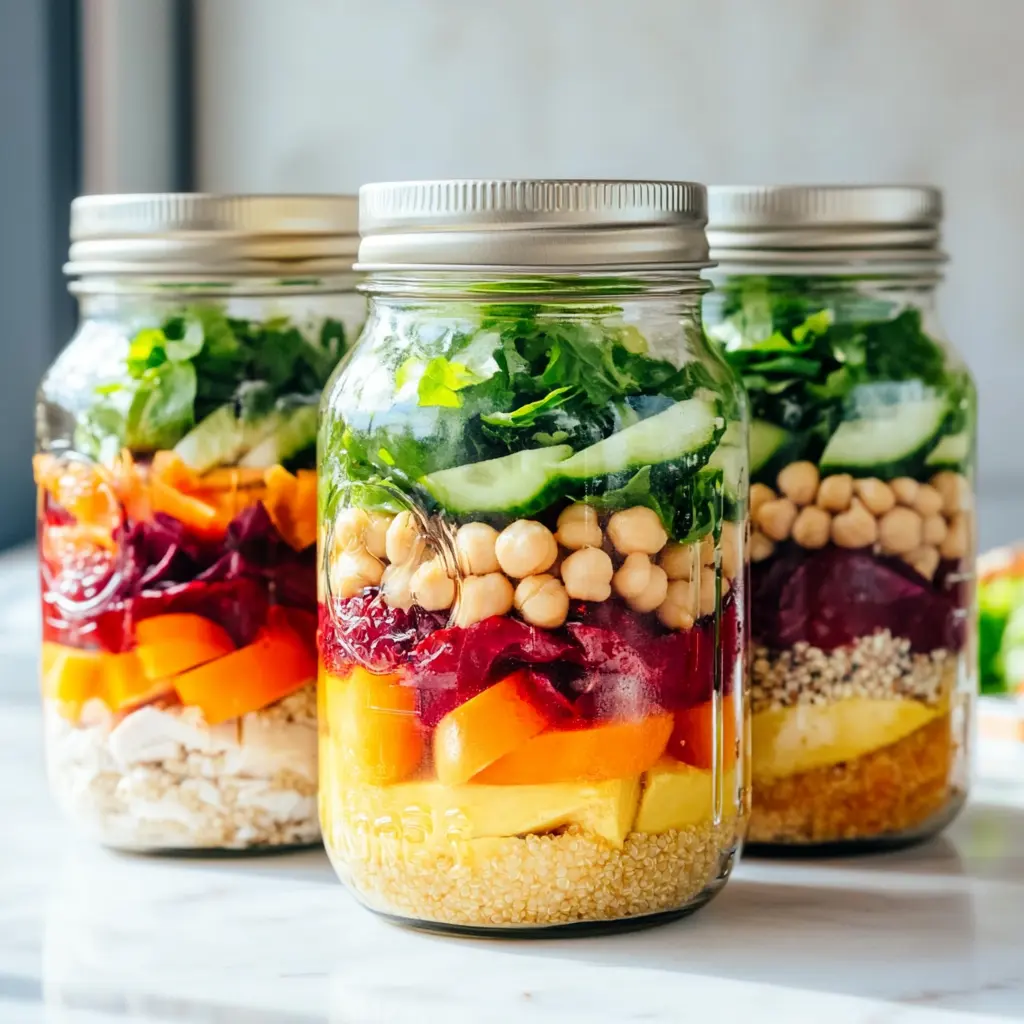 Easy Mason Jar Salads for Fresh, Healthy Meals on the Go 3 mason jar salads with colorful fresh ingredients