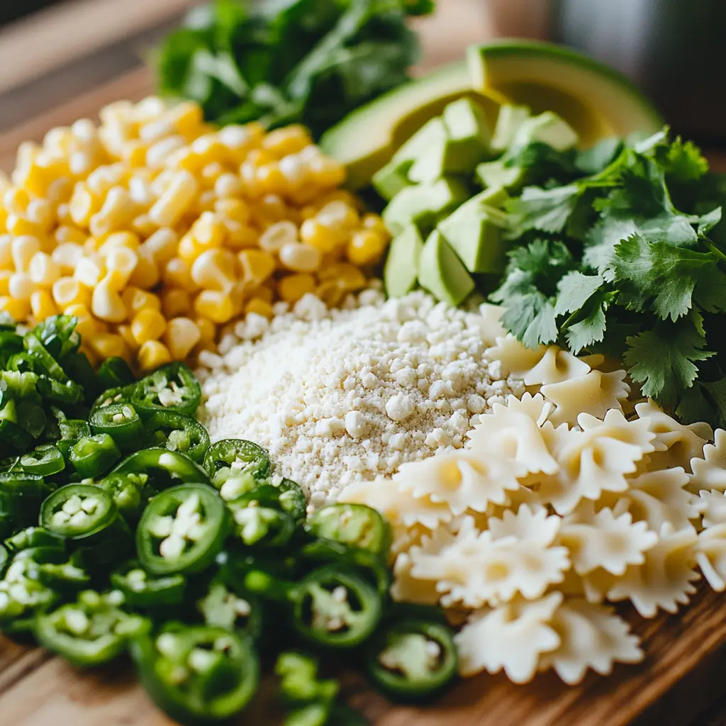 Mexican Street Corn Pasta Salad: A Flavorful and Irresistible Twist on Classic Comfort 7 Ingredients for Mexican Street Corn Pasta Salad on a wooden cutting board
