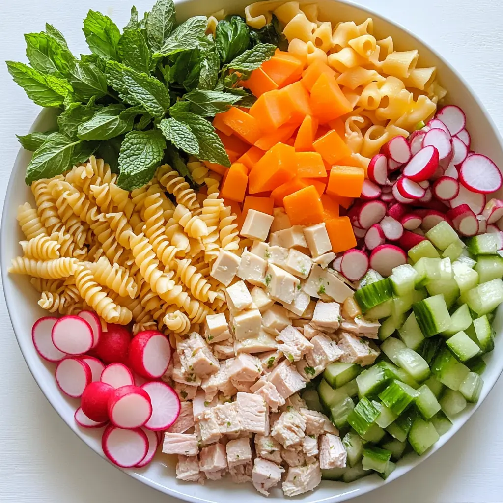 Turkish Pasta Salad - A Flavorful Fusion of Fresh Ingredients and Savory Turkey 7 Ingredients for Turkish Pasta Salad including pasta, turkey, fresh herbs, and vegetables