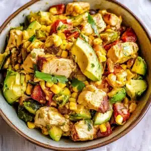 Avocado Corn Chicken Salad Recipe Card.