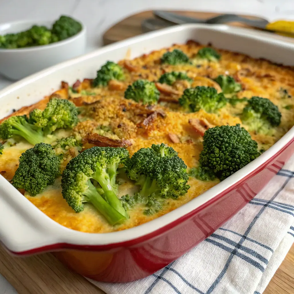 Broccoli Casserole Soup – Creamy, Crispy, and Family-Favorite! 1 Freshly baked broccoli casserole soup recipe in white ceramic dish