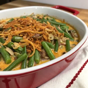 Campbell Soup Green Bean Casserole Recipe – Creamy Holiday Favorite 2 Campbell Soup green bean casserole recipe in a white dish with crispy fried onion topping