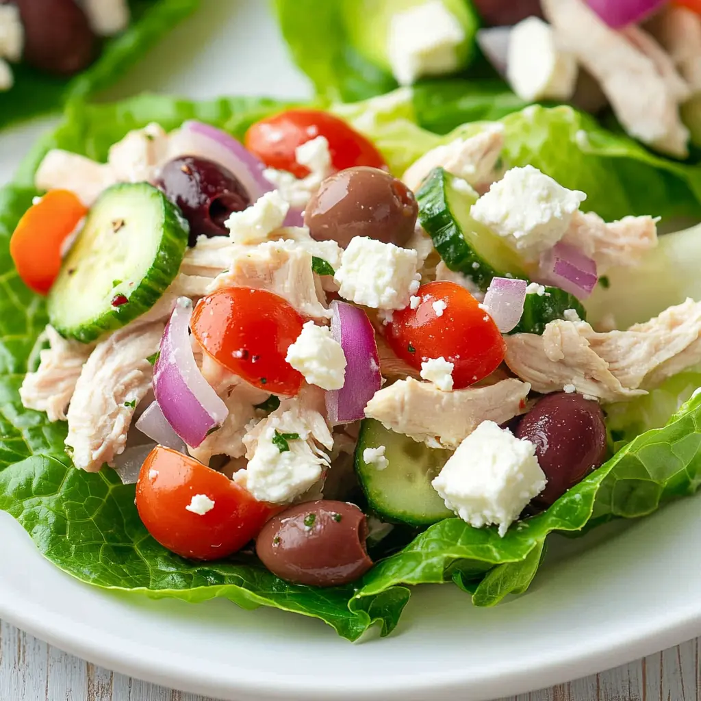 Greek Chicken Salad Lettuce Wraps: A Fresh, Flavorful Meal 4 Greek Chicken Salad Lettuce Wraps with fresh veggies and feta cheese