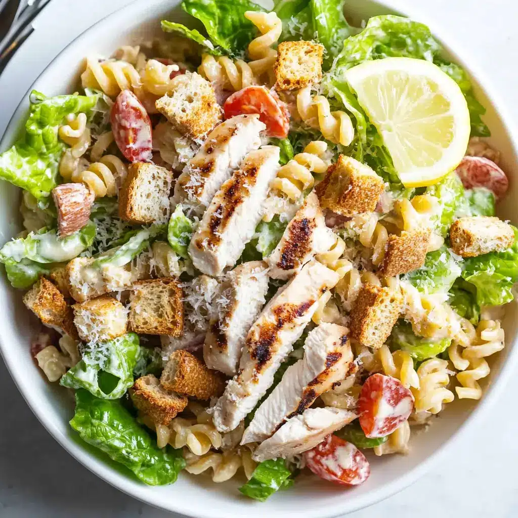 Recipe card for low-calorie chicken Caesar pasta salad with ingredients, instructions, and nutrition details.