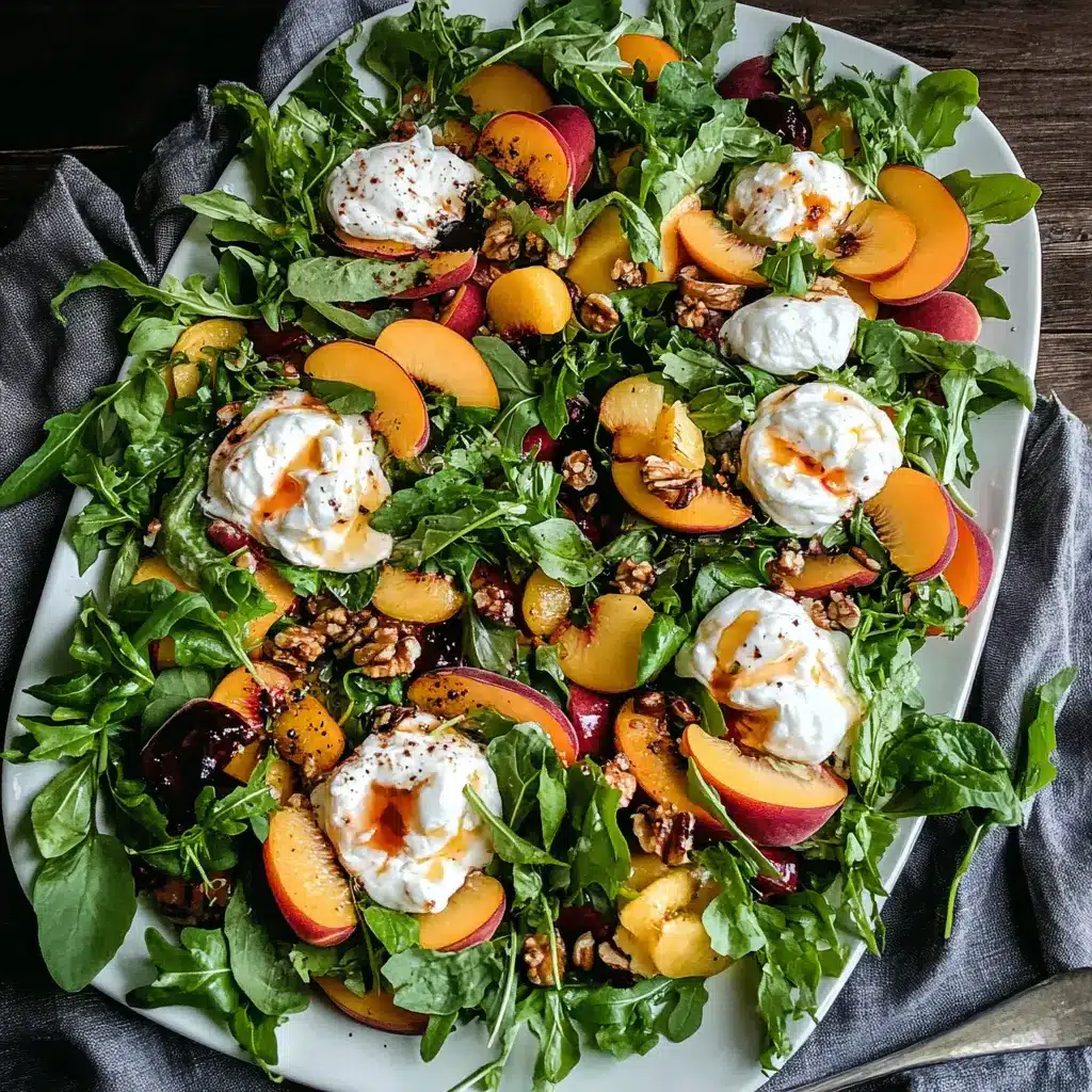 Peach Burrata Salad: The Ultimate Summer Dish 4 Peach Burrata Salad with creamy burrata, fresh peaches, and vibrant greens on a large platter