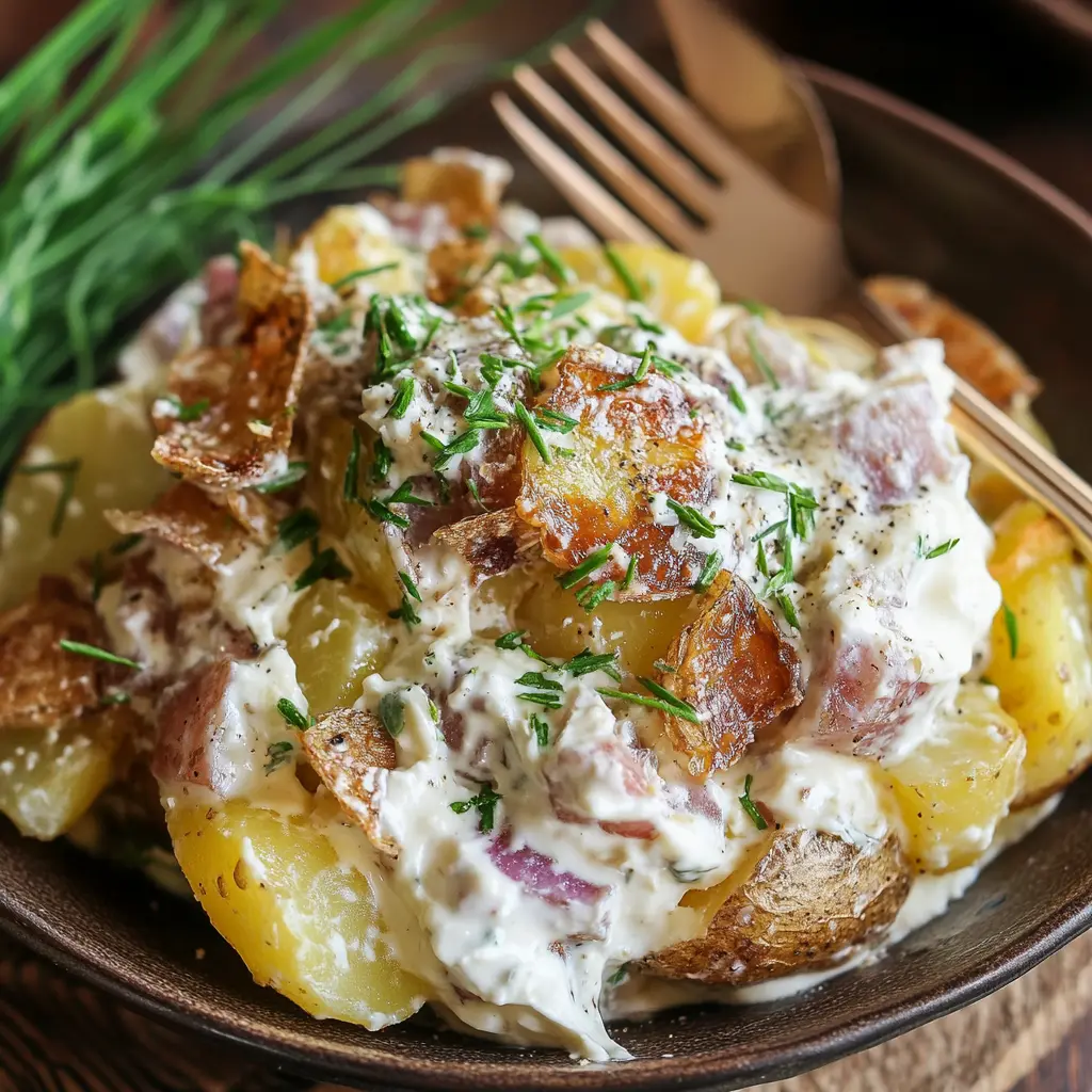 Crispy Smashed Potato Salad with Boursin Cream: A Simple & Flavorful Recipe 6 Recipe card for crispy smashed potato salad with Boursin cream